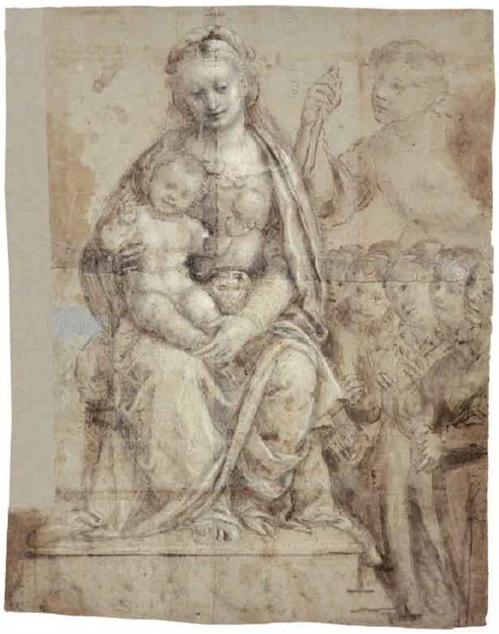 Madonna mit Kind, ein Kriegerheiliger (Michael?) und eine Gruppe von Anbetern von Bernardino Lanino