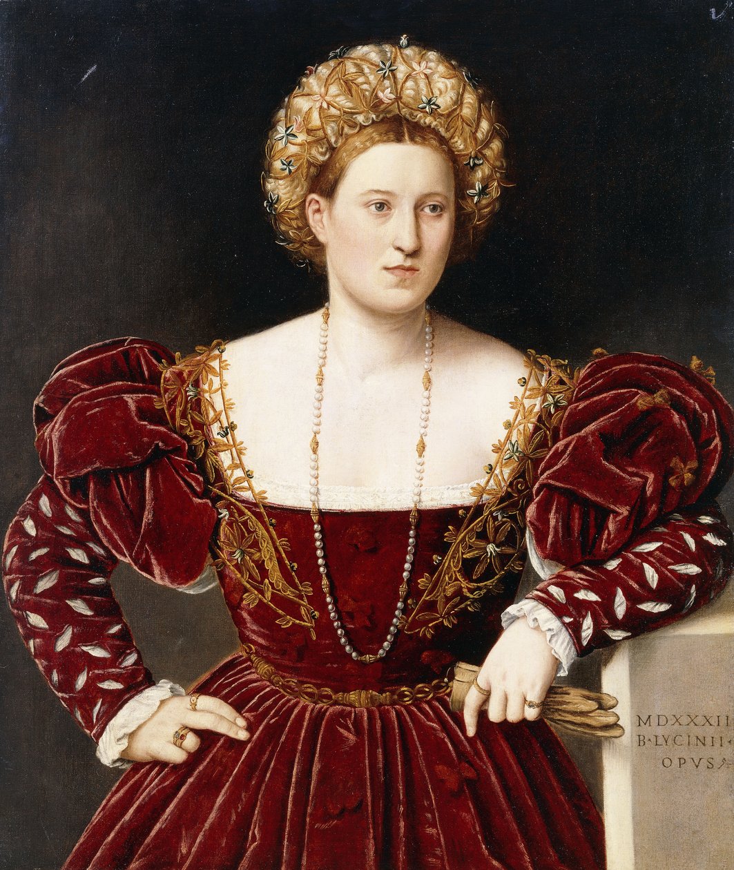 Porträt einer Dame, dreiviertellang, in einem burgunderroten Kleid mit geschlitzten Ärmeln, Handschuhe haltend von Bernardino Licinio