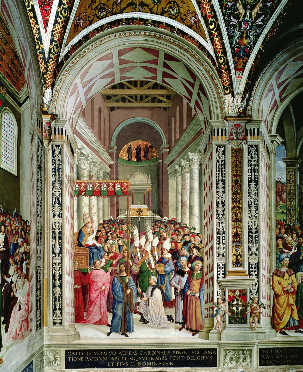 Aeneas Sylvius Piccolomini (1405-64), zum Papst mit dem Namen Pius II. gewählt, betritt St. Peter, 3. September 1458 von Bernardino di Betto Pinturicchio