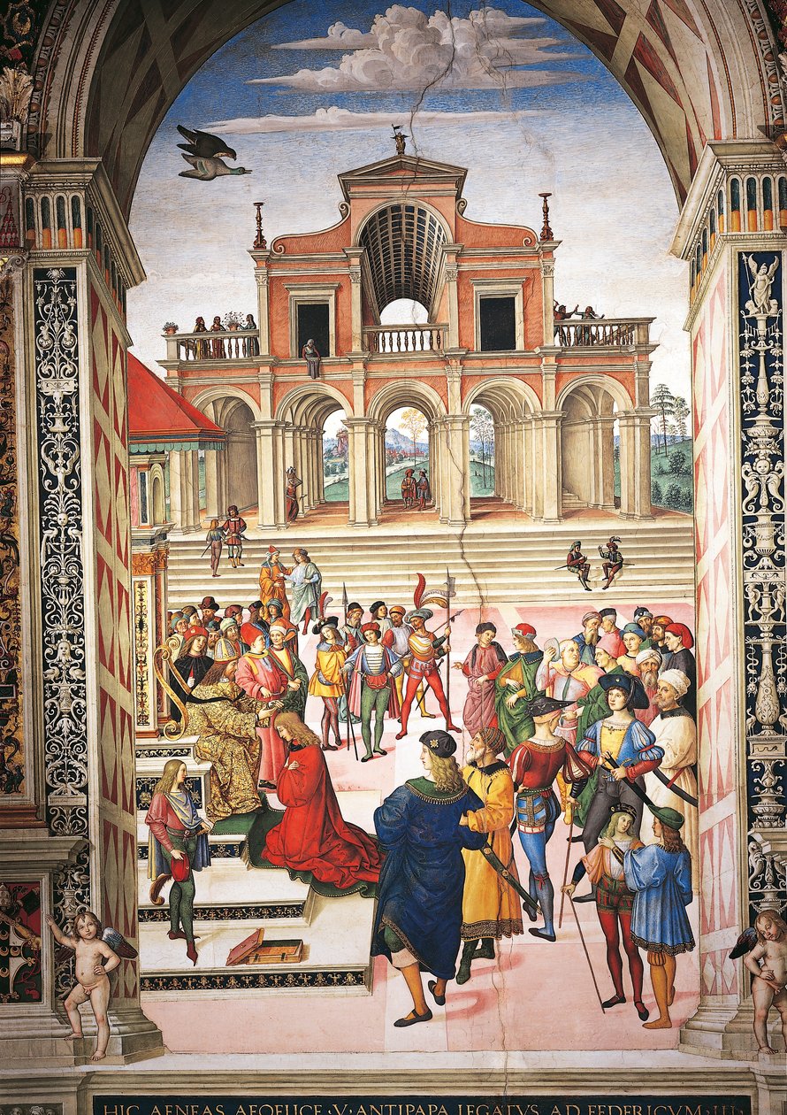 Italien, Siena, Kathedrale, Piccolomini-Bibliothek, Enea Silvio Piccolomini wird von Kaiser Friedrich III. zum Dichter gekrönt (Detail) von Bernardino di Betto Pinturicchio