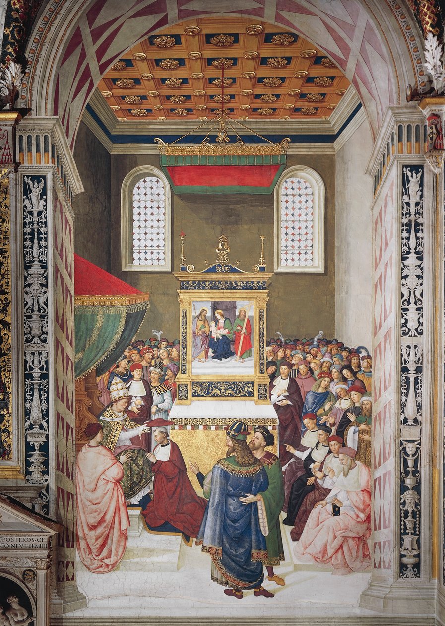 Italien, Siena, Kathedrale, Piccolomini-Bibliothek, Enea Silvio Piccolomini erhält den Kardinalshut von Calixtus III., Detail aus Geschichten von Pius II. von Bernardino di Betto Pinturicchio
