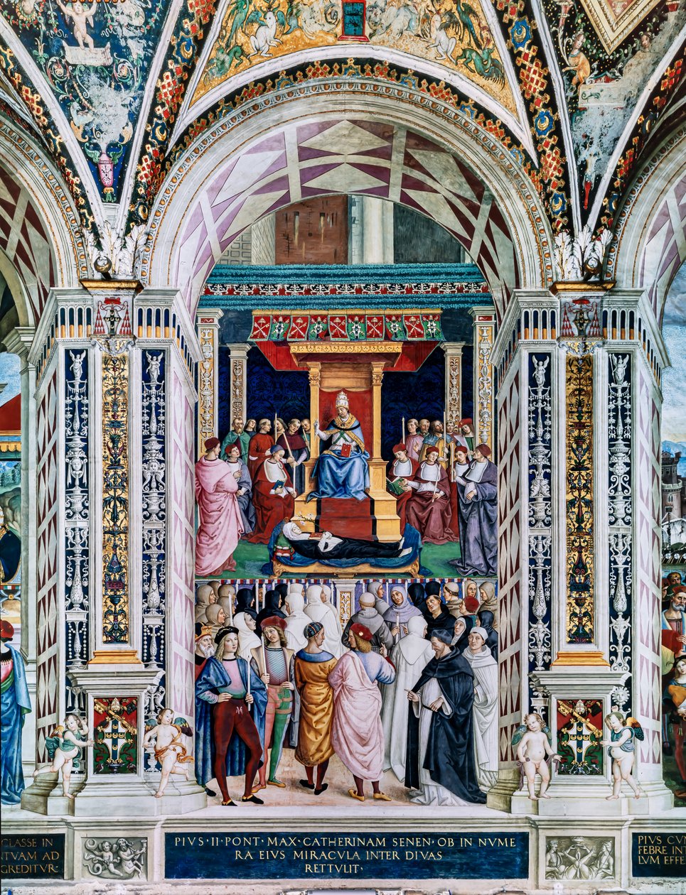 Piccolomini-Bibliothek, Südwestwand: „Pius II. kanonisiert St. Katharina von Siena, 29. Juni“ von Bernardino di Betto Pinturicchio