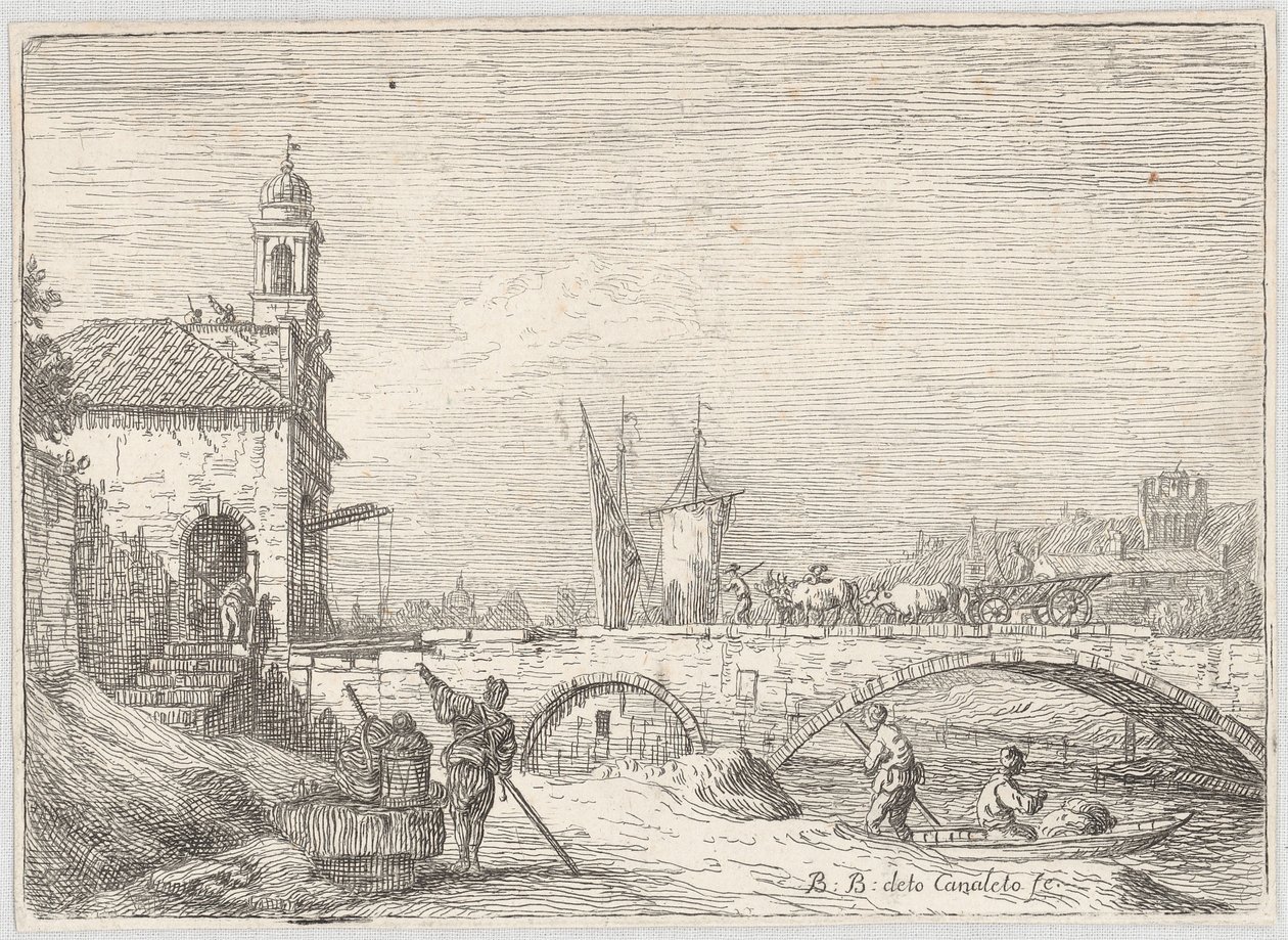 Capriccio mit einer Brücke und einem Torgebäude in der Art der Paduaner Porta Portello von Bernardo Bellotto
