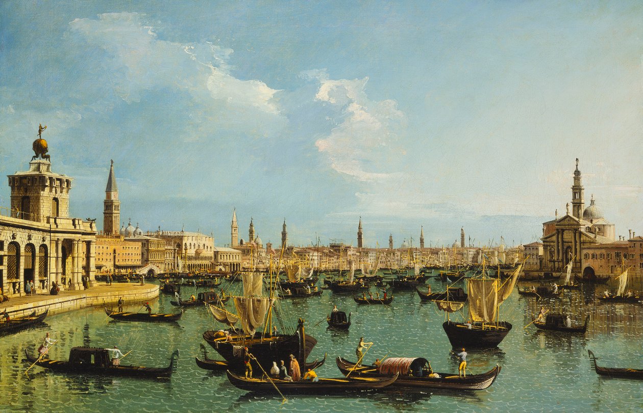 Das Bacino di San Marco, Venedig, vom Giudecca-Kanal mit der Dogana, dem Molo, der Riva degli Schiavoni, der Kirche San Giorgio Maggiore und zahlreichen Booten von Bernardo Bellotto