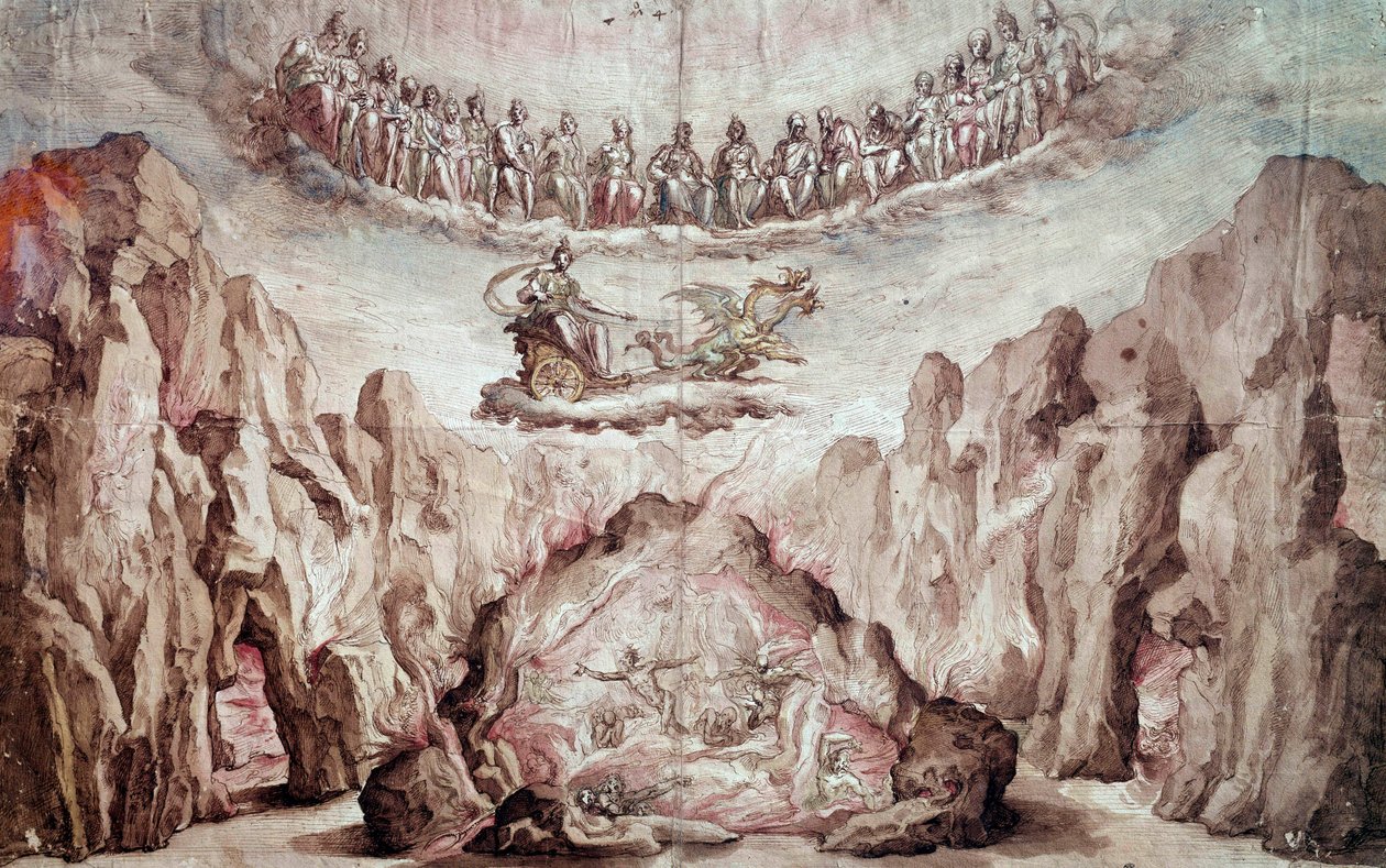 Entwurf für das Dekor und die Maschinen eines Intermezzos, Le Tromphe de Circe. Zeichnung von Bernardo Buontalenti genannt delle Girandole (ca. 1523-1608) Paris, Louvre Museum von Bernardo Buontalenti