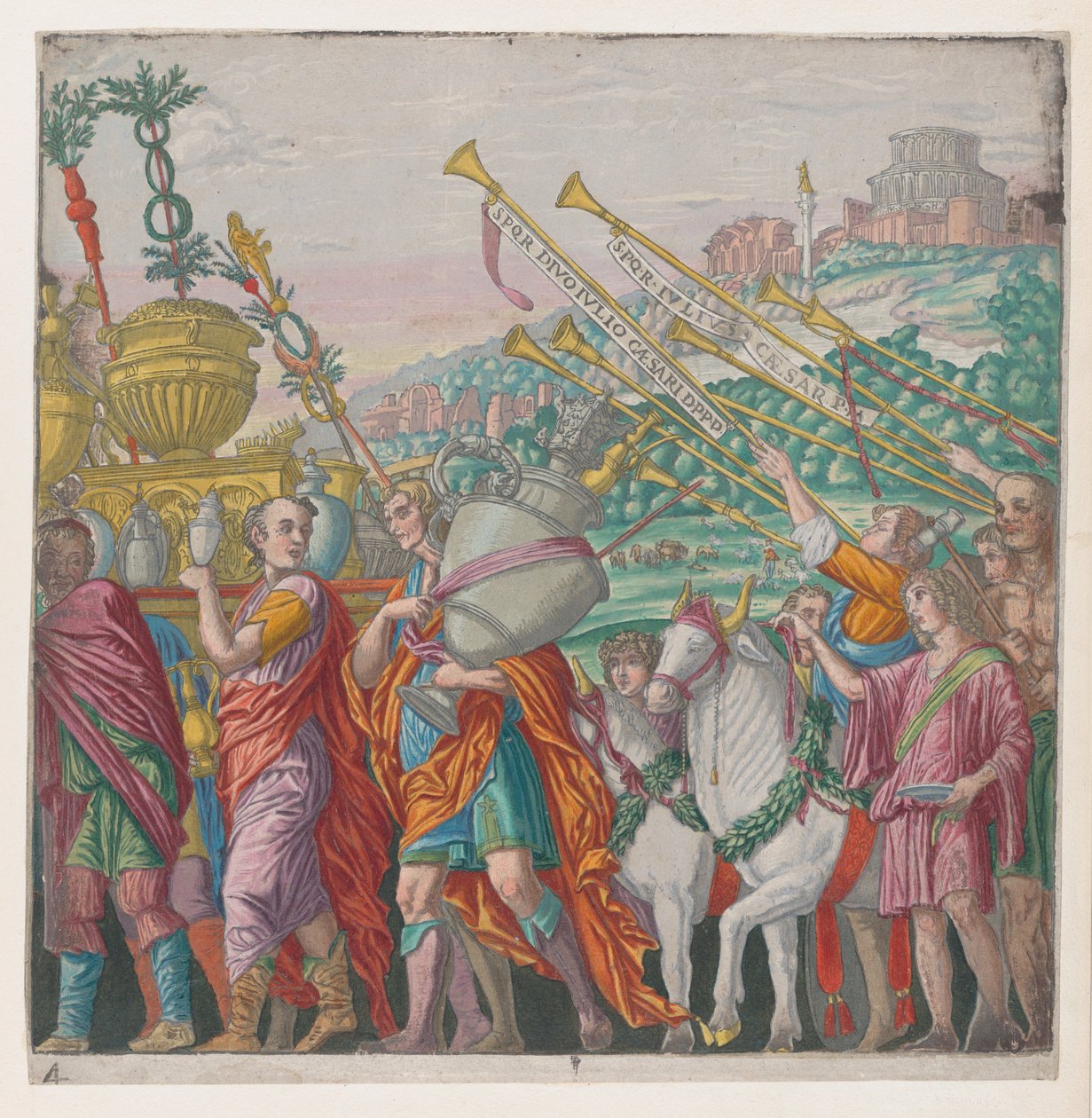 Blatt 4: Männer, die Trophäen tragen, links, Trompeter rechts, aus Der Triumph von Julius Ca..., 1599 von Bernardo Malpizzi