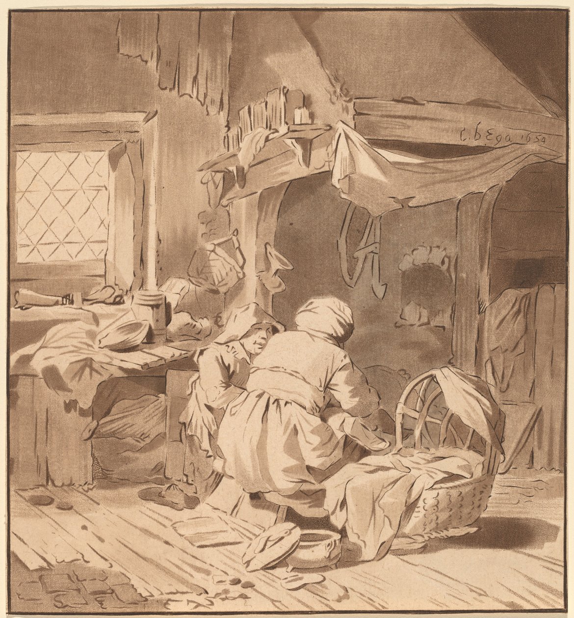 Innenraum eines Bauernhauses mit zwei Frauen, 1772, veröffentlicht 1787 von Bernhard Schreuder