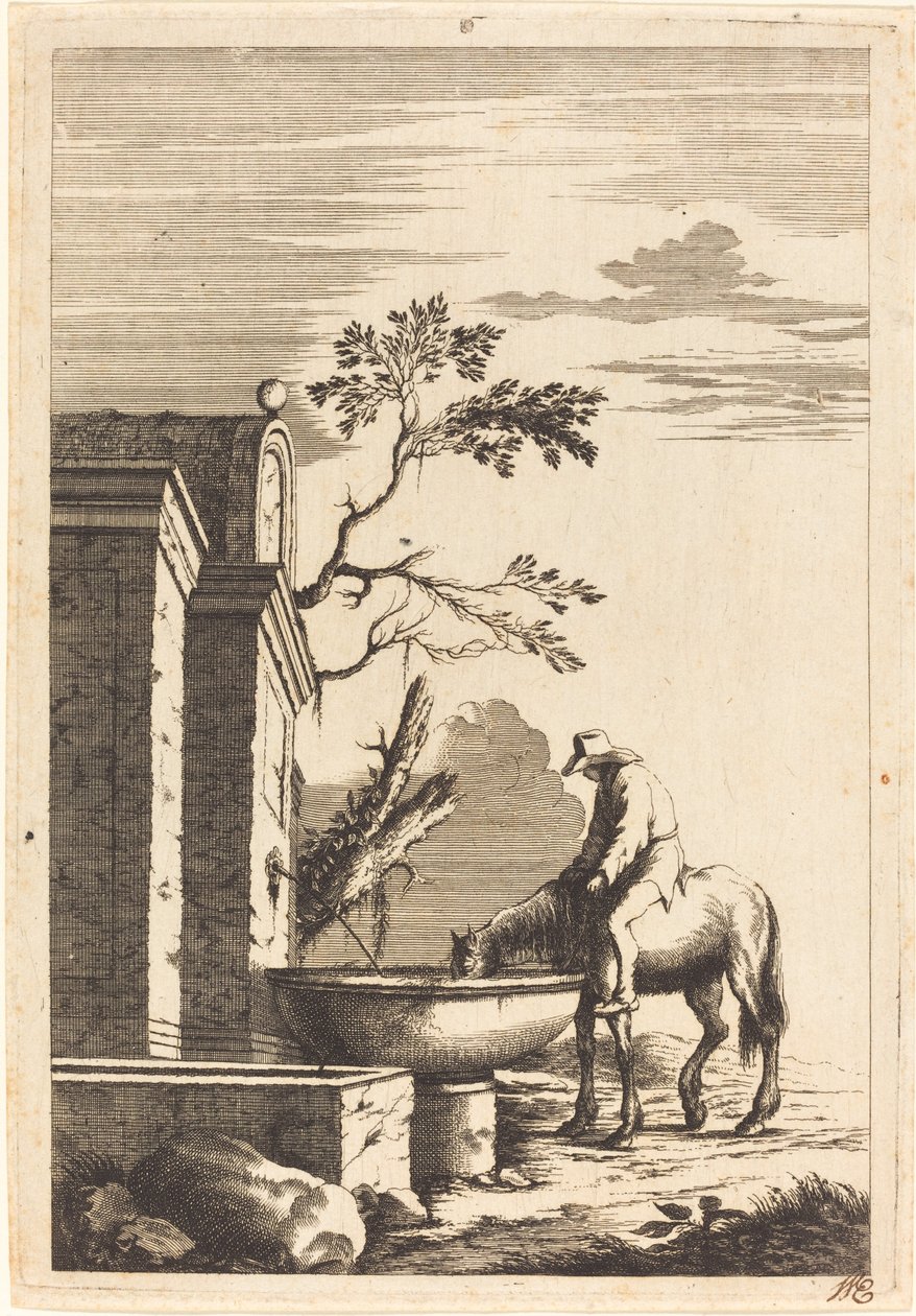Pferd und Reiter an einem Brunnen von Bernhard Zaech after Jonas Umbach