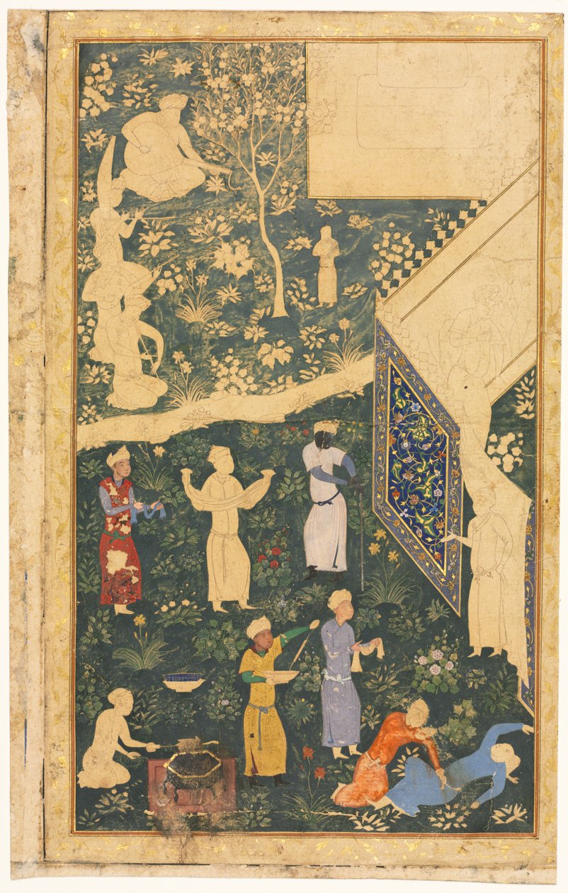Musiker und Diener vor einem königlichen Lager, recto von Bihzad