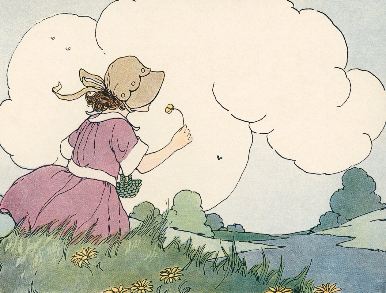 Junges Mädchen riecht an einer Wildblume gegen einen Sommerhimmel von Blanche Fisher Wright