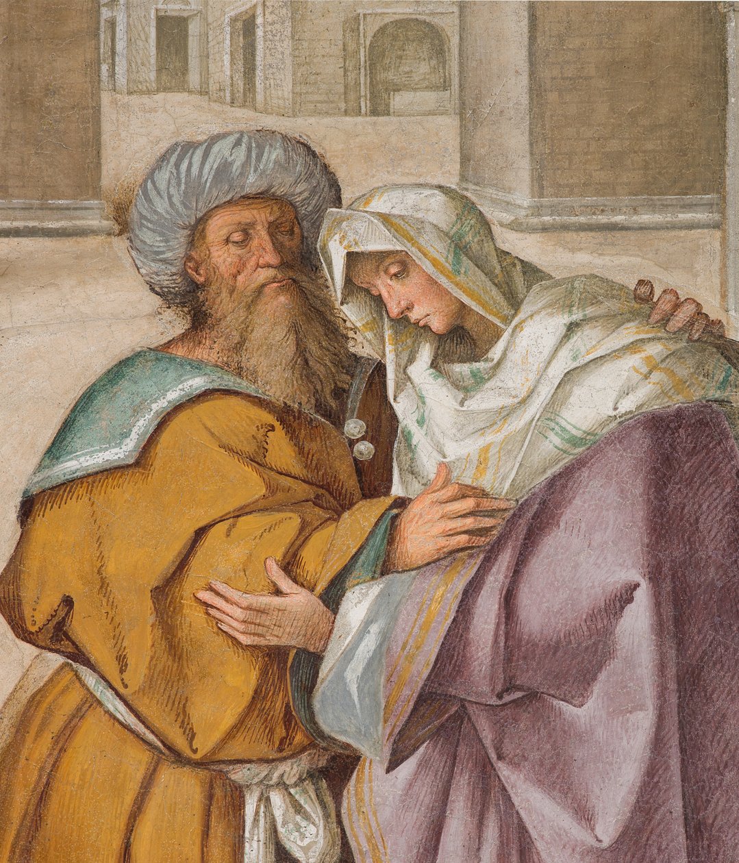 Zentrales Kirchenschiff, erstes nördliches Joch, Begegnung von Joachim und Anna an der Goldenen Pforte (Detail) von Boccaccio Boccaccino