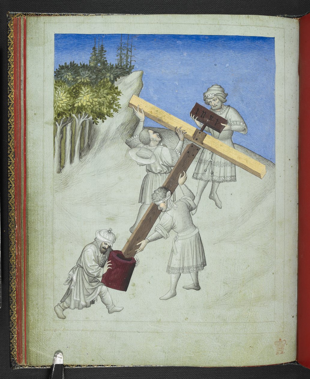 Die Versammlung des Kreuzes Christi, aus vier verschiedenen Holzarten, dargestellt in verschiedenen Farben, aus dem 