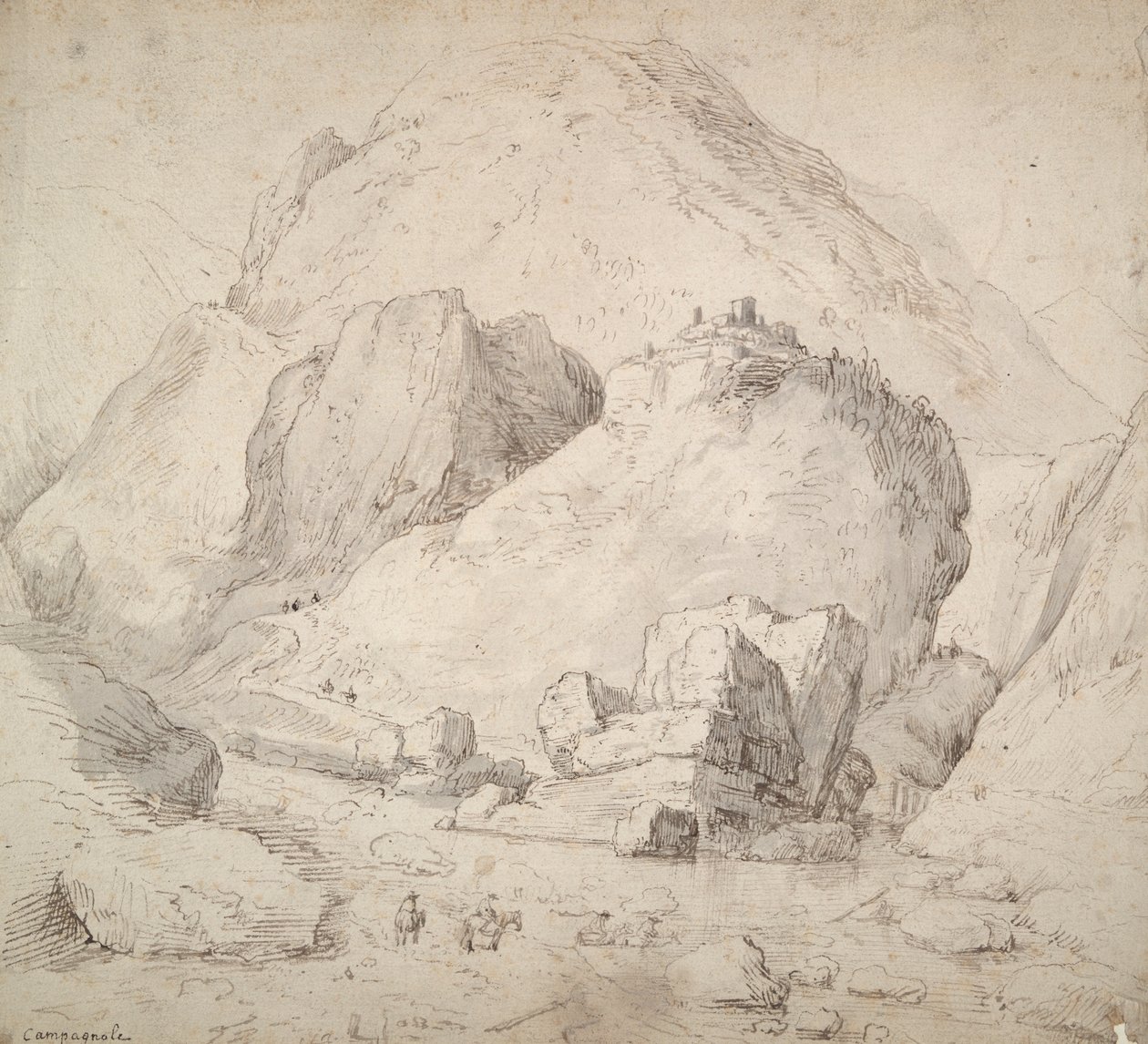 Gebirgige Landschaft mit Figur auf Pferd im Vordergrund von Bonaventura Peeters