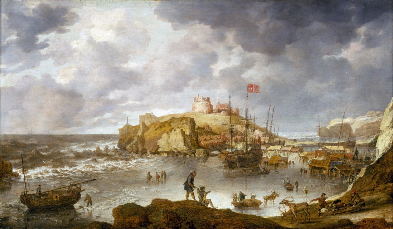 Der Hafen von Archangelsk (Russland), teilweise gefroren, mit einem Schiff, das die dänische Flagge trägt von Bonaventura Peeters