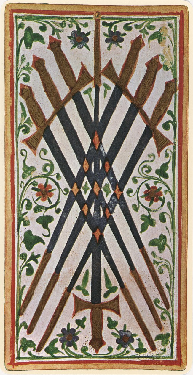 Die Sieben der Schwerter, Faksimile einer Tarotkarte aus dem 