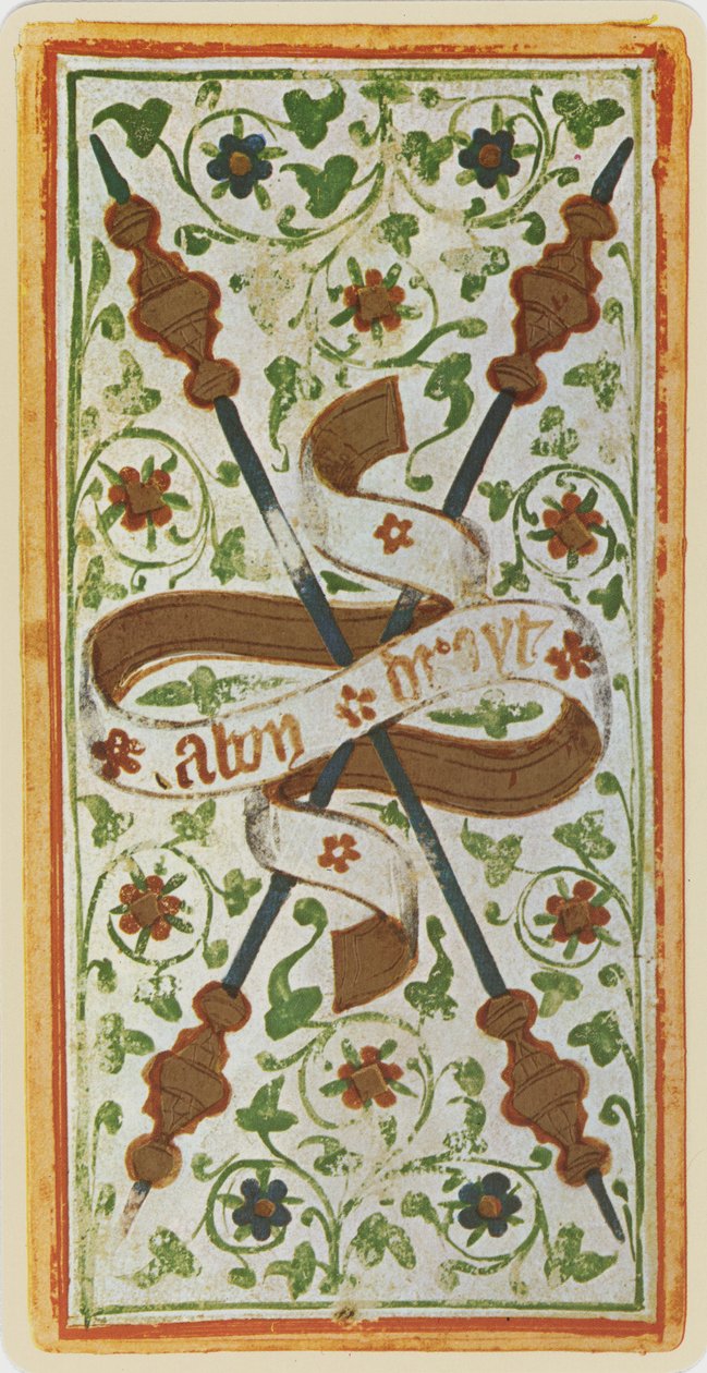 Die Zwei der Stäbe, Faksimile einer Tarotkarte aus dem 