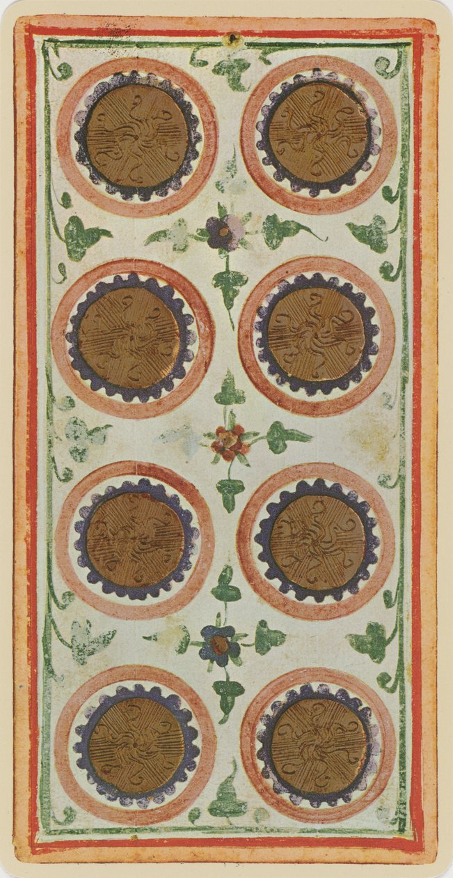 Die Acht der Münzen, Faksimile einer Tarotkarte aus dem 