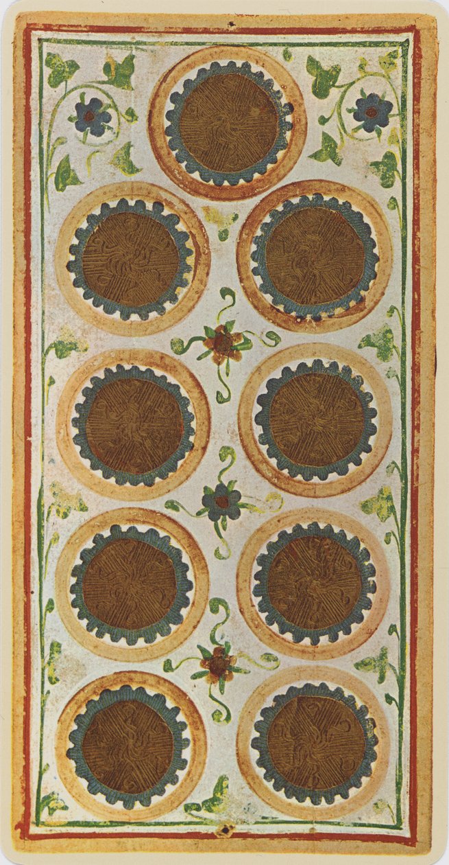 Die Neun der Münzen, Faksimile einer Tarotkarte aus dem 