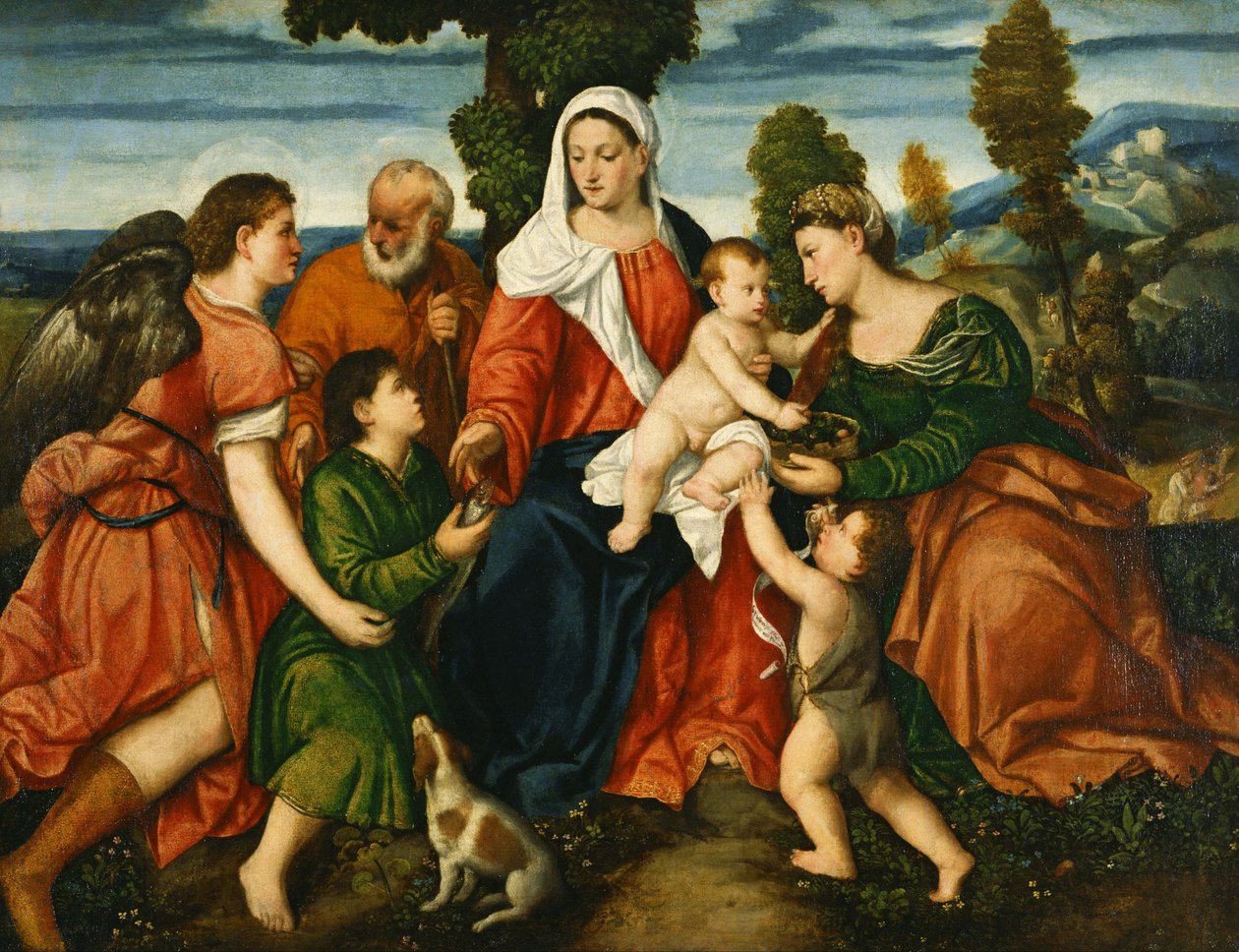 Die Heilige Familie mit Tobias und dem Engel, der Heiligen Dorothea, Giovannino und dem Wunder des Korns im Hintergrund von Bonifazio Veronese
