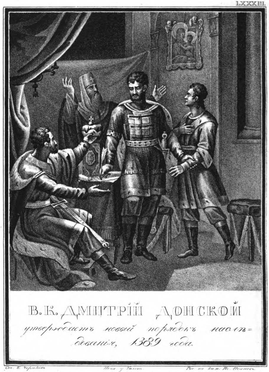 Dmitry Donskoy genehmigt eine neue Erbfolgeordnung, 1389 aus Illustrierter Karamzin, 1836 von Boris Artemyevich Chorikov