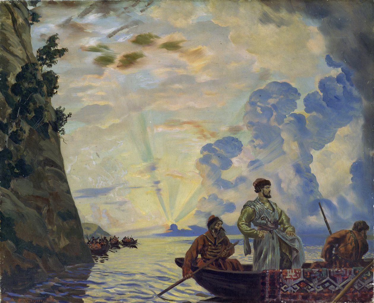 Der Kosakenführer Stepan (Stenka) Timofejewitsch Rasin in einem Boot von Boris Mikhailovich Kustodiev