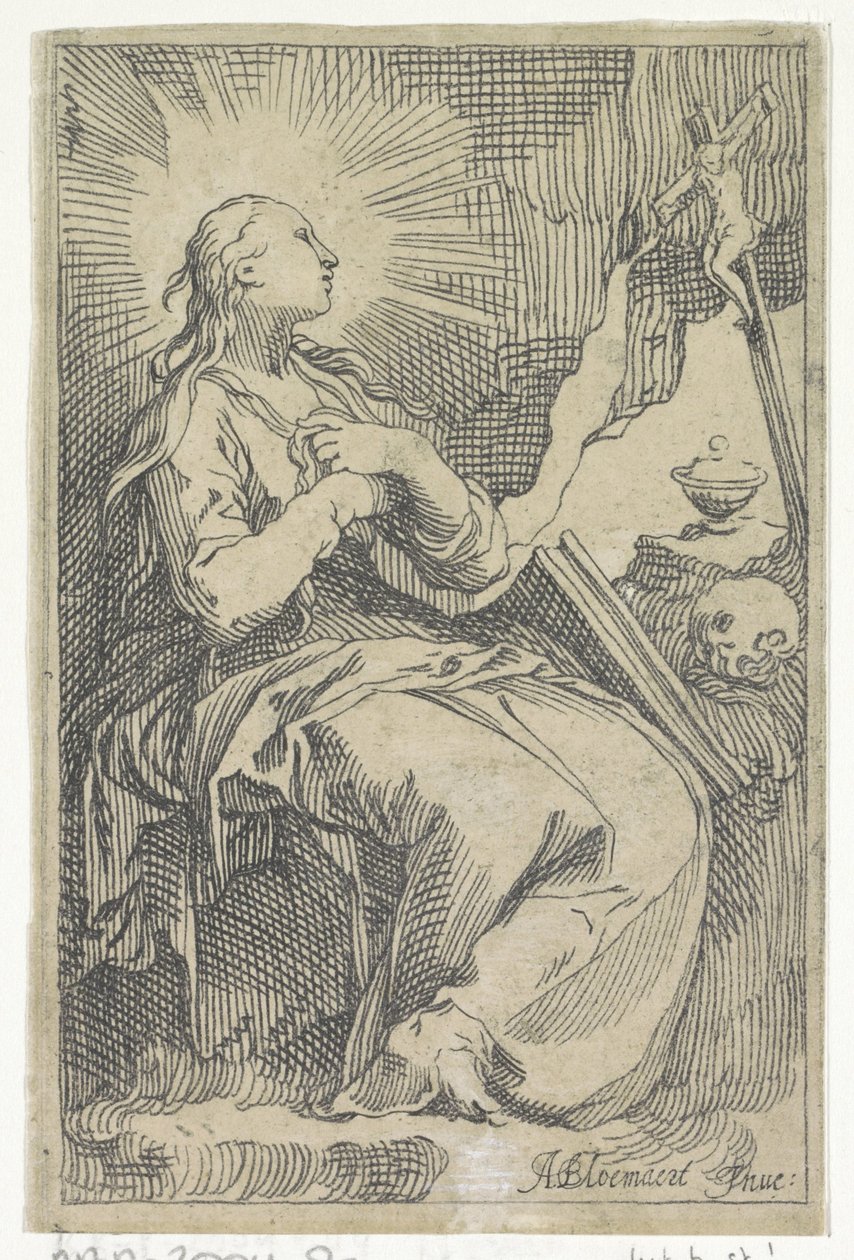 Die reuige Maria Magdalena in der Höhle vor einem Kruzifix von Boëtius Adamsz. Bolswert