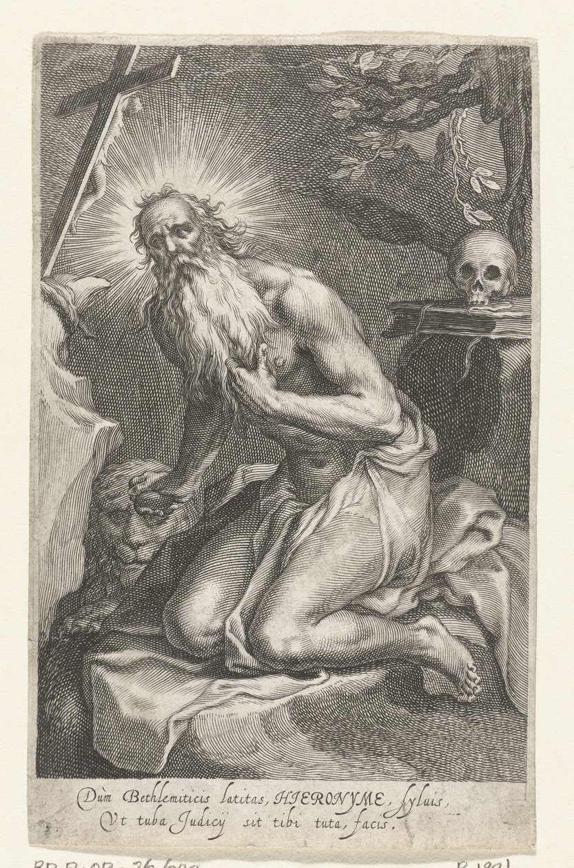 Heiliger Hieronymus von Bethlehem als Einsiedler (Dùm Bethlemiticis latitas..., Serie: Kluizenaars, Ad sacrum speculum...) von Boëtius Adamsz. Bolswert