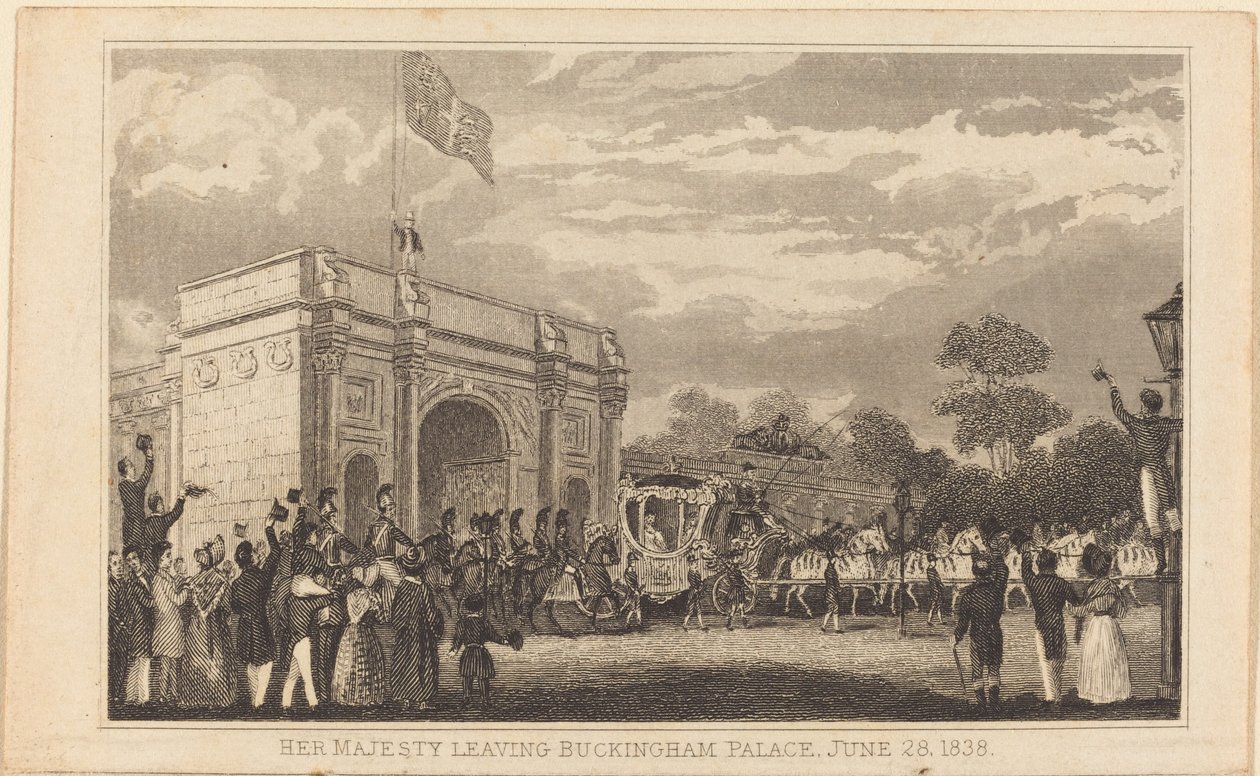 Ihre Majestät verlässt den Buckingham Palace, 28. Juni 1838 (linke Hälfte) von British 19th Century