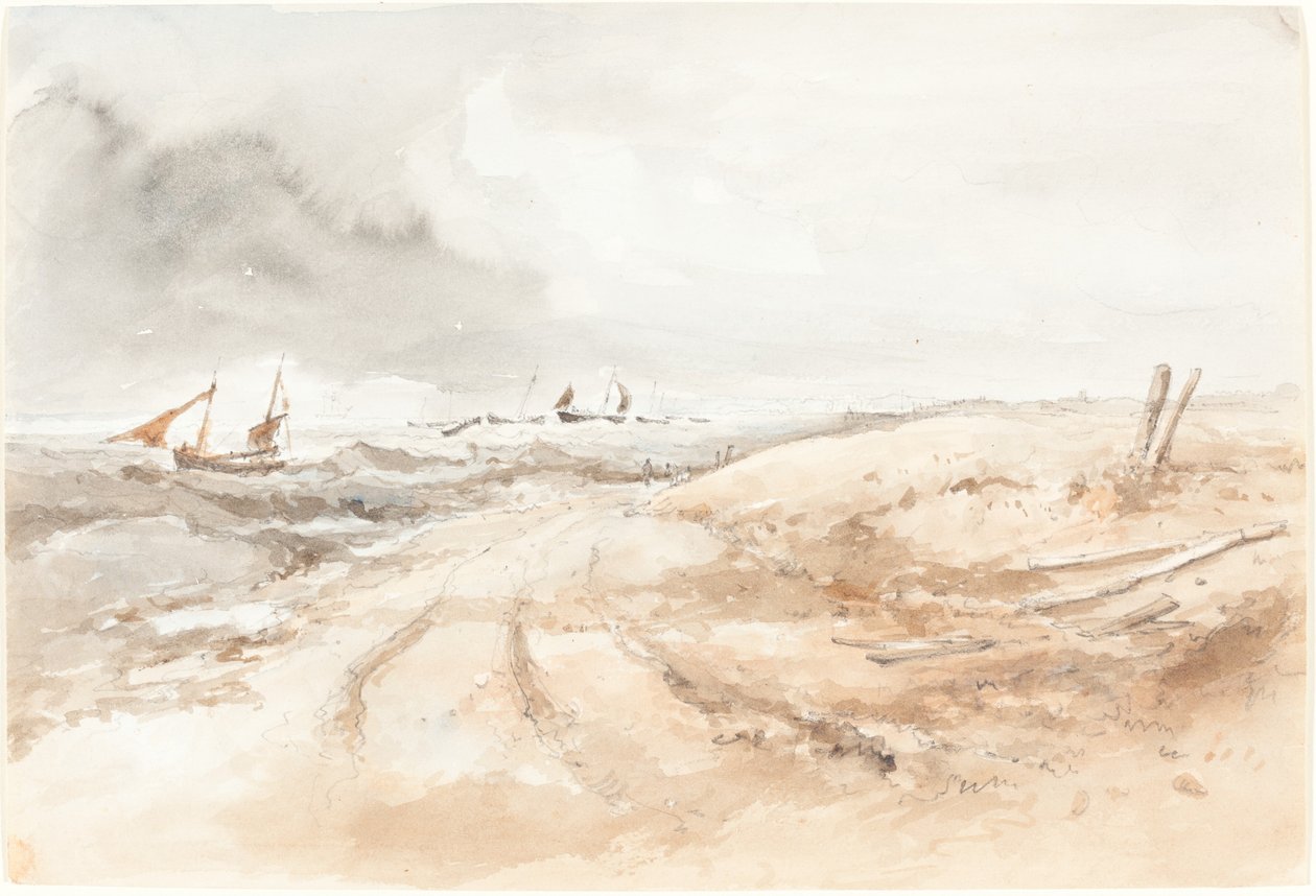 Küstenlandschaft mit Booten in unruhigem Wasser von British 19th Century