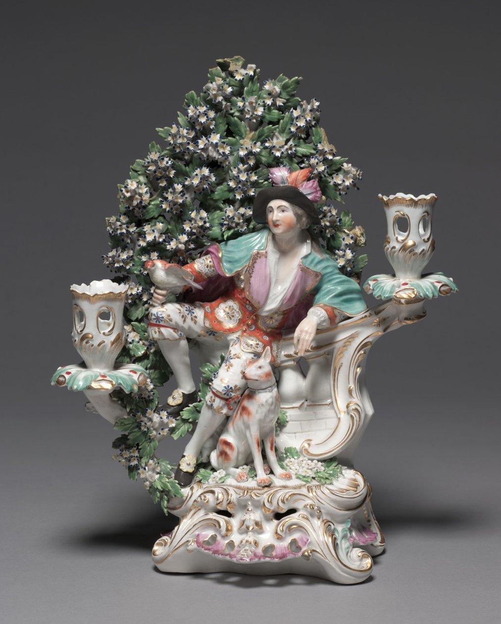 Kandelaber mit Schäfer und Hund, Hersteller Derby Porzellanmanufaktur (Chelsea-Derby Periode), ca. 1775 von British School