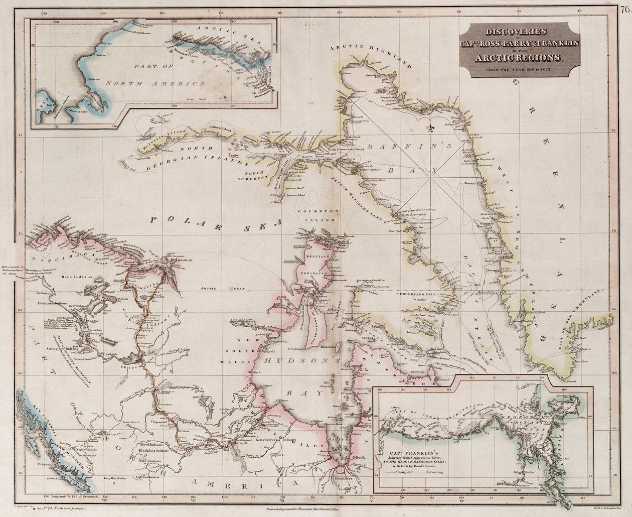 Karte der Entdeckungen von Ross, Parry und Franklin in der Arktis 1818-1827, um 1830 (farbige Gravur) von British School