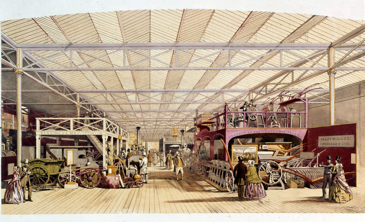 Industrielle Revolution: Innenansicht des Pavillons für landwirtschaftliche Maschinen im Crystal Palace, erbaut von Joseph Paxton für die Weltausstellung 1851 in London (Hyde Park) 19. Jahrhundert von British School