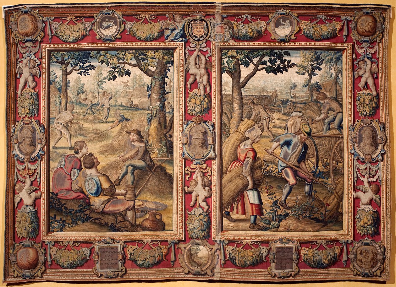 Juli und August: „landwirtschaftliche Arbeiten und Ernten“ Wandteppich der Manufakturen von Mortlake. 17. Jahrhundert Genua, Musei di Strada Nuova von British School