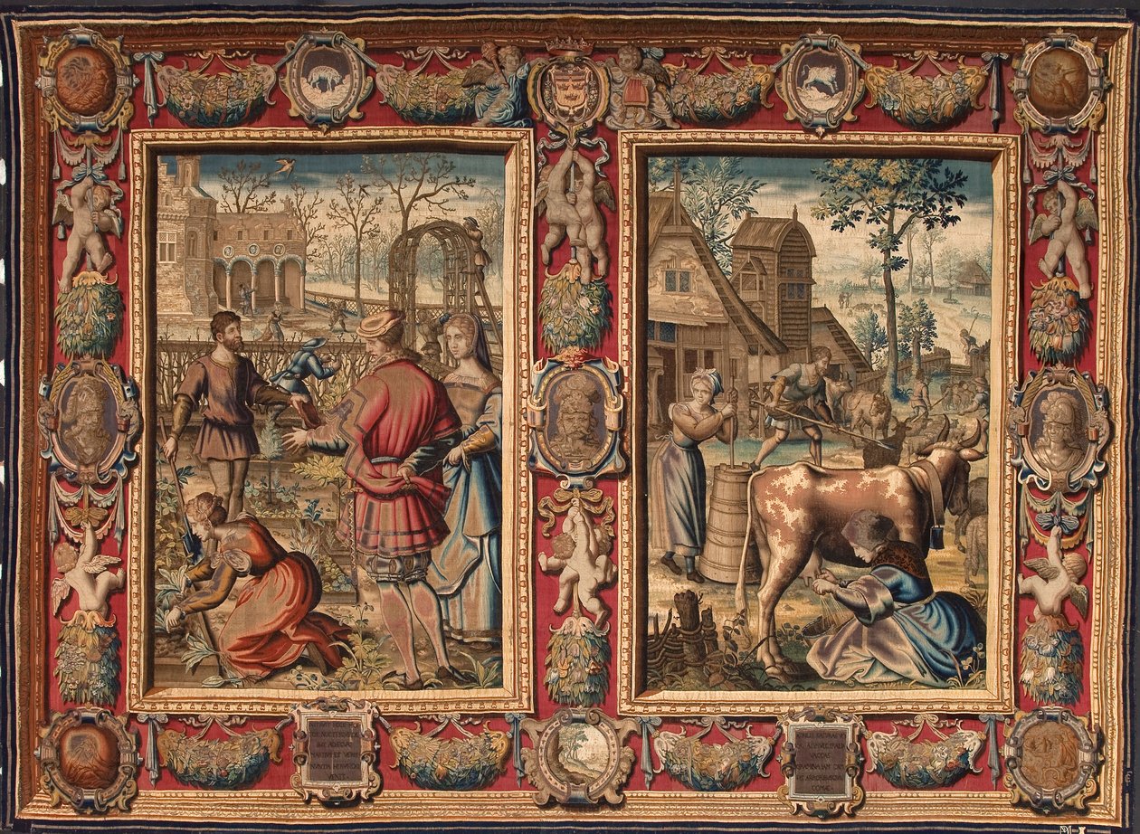 März und April: „landwirtschaftliche Arbeit und Kuhmelken“ Tapisserie der Manufakturen von Mortlake. 17. Jahrhundert Genua, Musei di Strada Nuova von British School