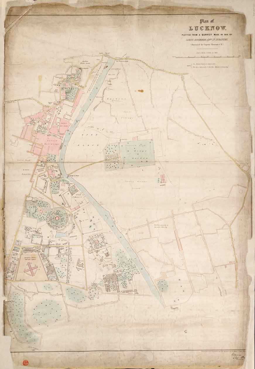 Plan von Lucknow, erstellt aus einer Vermessung von 1856, durch Leutnant Moorsom, 52. Leichte Infanterie. (Präsentiert von Kapitän Moorsom, C.E.), ca. 1856 von British School