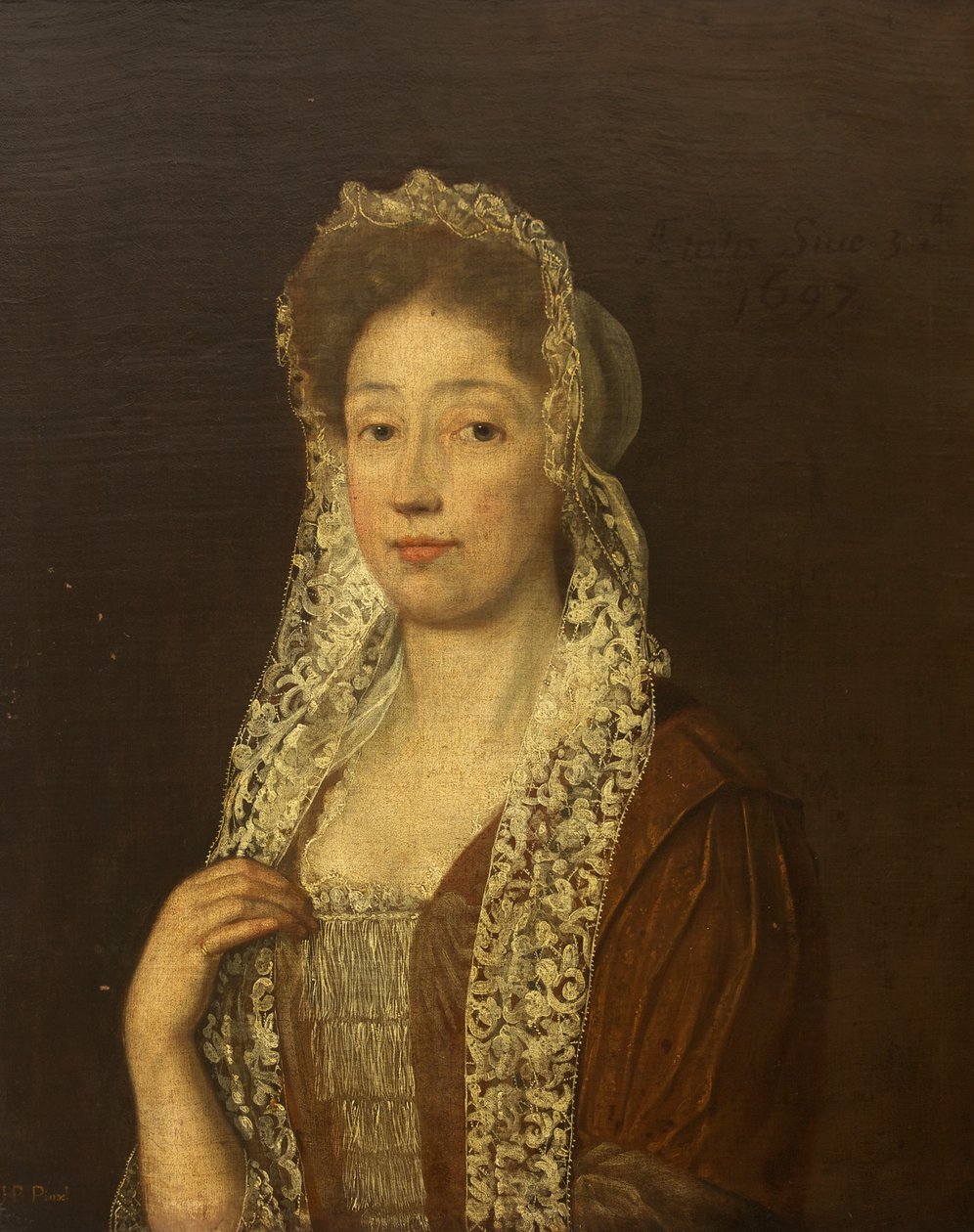 Porträt einer Dame mit Spitzenhaube und Bändern von British School