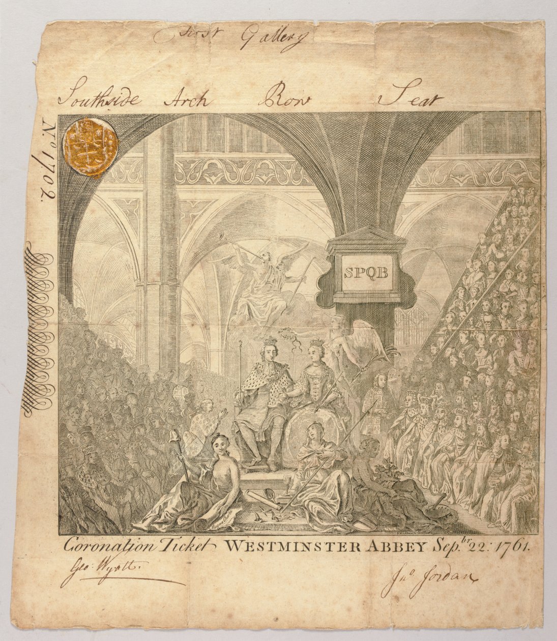 Ticket für die Krönungszeremonie von George III in der Westminster Abbey, graviert von George Bickham, 22. September 1761 von British School