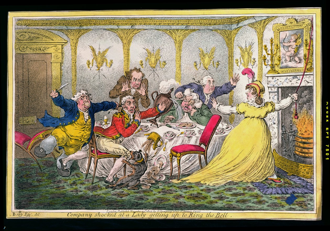 Gesellschaft schockiert, als eine Dame aufsteht, um die Glocke zu läuten, geätzt von James Gillray, veröffentlicht von Hannah Humphrey, 1804 von Brownlow North