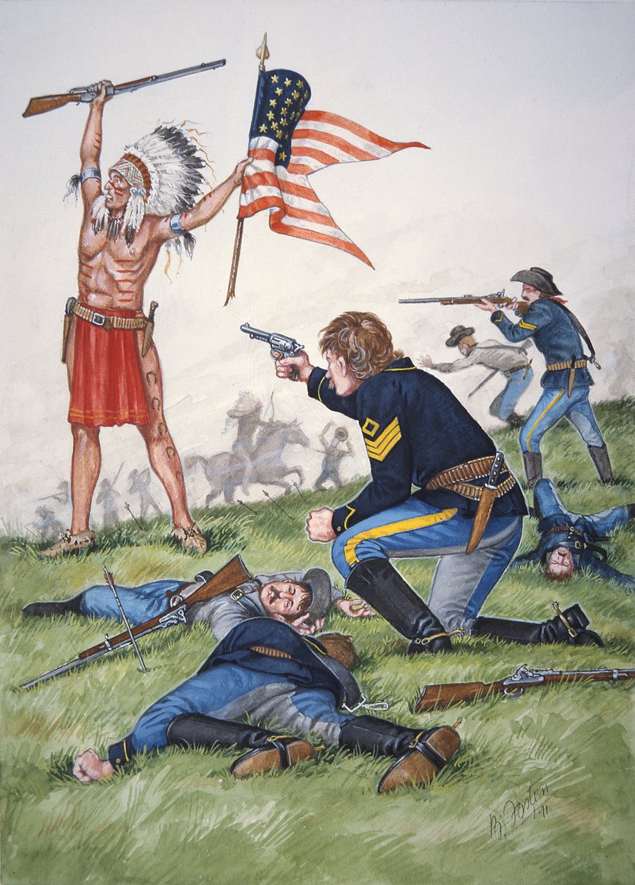 Ein Sioux-Krieger gegen das 7. US-Kavallerieregiment in der Schlacht am Little Bighorn, 25. Juni 1876, aus einer Serie von sechs Tableaus von Bryan Fosten