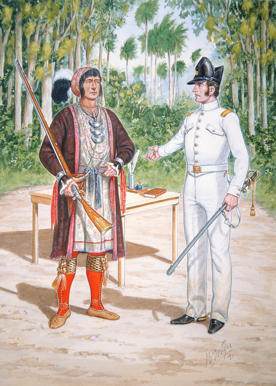 Osceola, Häuptling der Seminolen bei einem Vertrag mit einem Offizier des 2. Regiments der US-Dragoner in Florida von Bryan Fosten