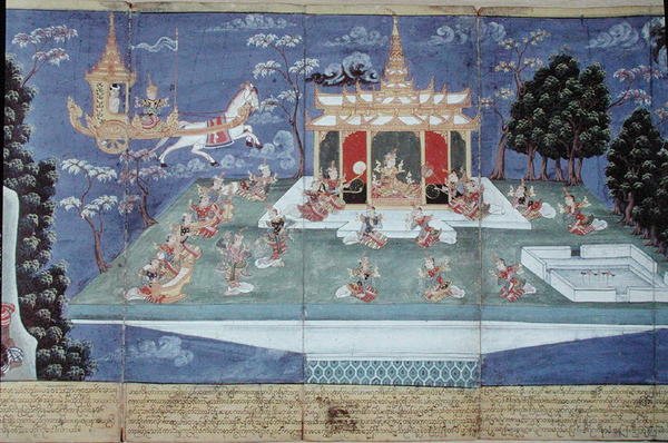 Ma 565 König Nimi in seinem göttlichen Wagen, gesandt von Indra und geführt von dem Engel Matali, besucht den Himmel und findet Frauen von unvergleichlicher Schönheit, aus dem Nimi Jataka, 1869 von Burmese School