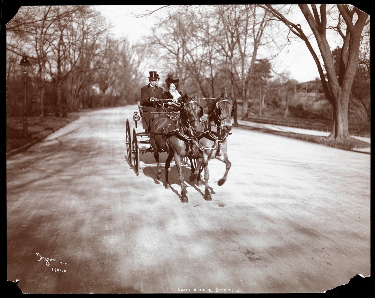 Anna Held und Florenz Ziegfeld fahren in einer Pferdekutsche, New York, 1904 von Byron Company