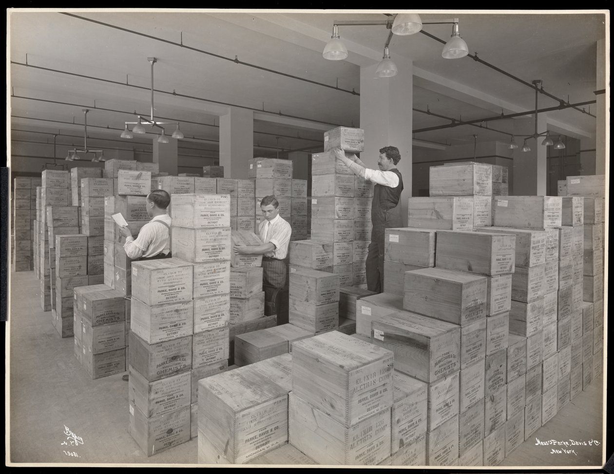 Ansicht von Männern im Versandraum bei Parke, Davis und Co., Chemiker, Hudson und Vestry Streets, New York, 1910 von Byron Company