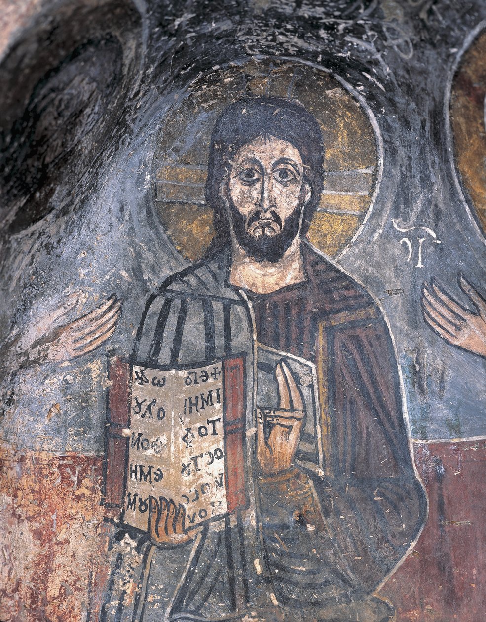 Nahaufnahme eines Freskos eines Pantokrators, Christus Pantokrator, Zoupena, Sparta, Peloponnes, Griechenland von Byzantine