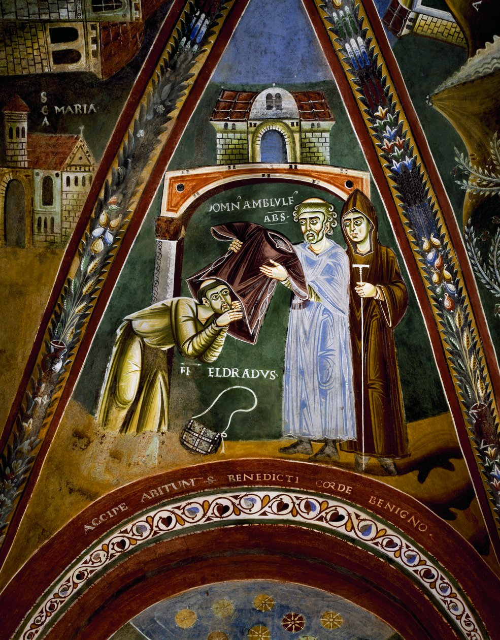 St. Nikolaus, Geschichten aus dem Leben von St. Eldrad und St. Nikolaus, St. Eldrado wendet sich an St. Jakobus von Compostela: Empfang eines Mönchshabits vom Abt von Novalesa (Detail) von Byzantine