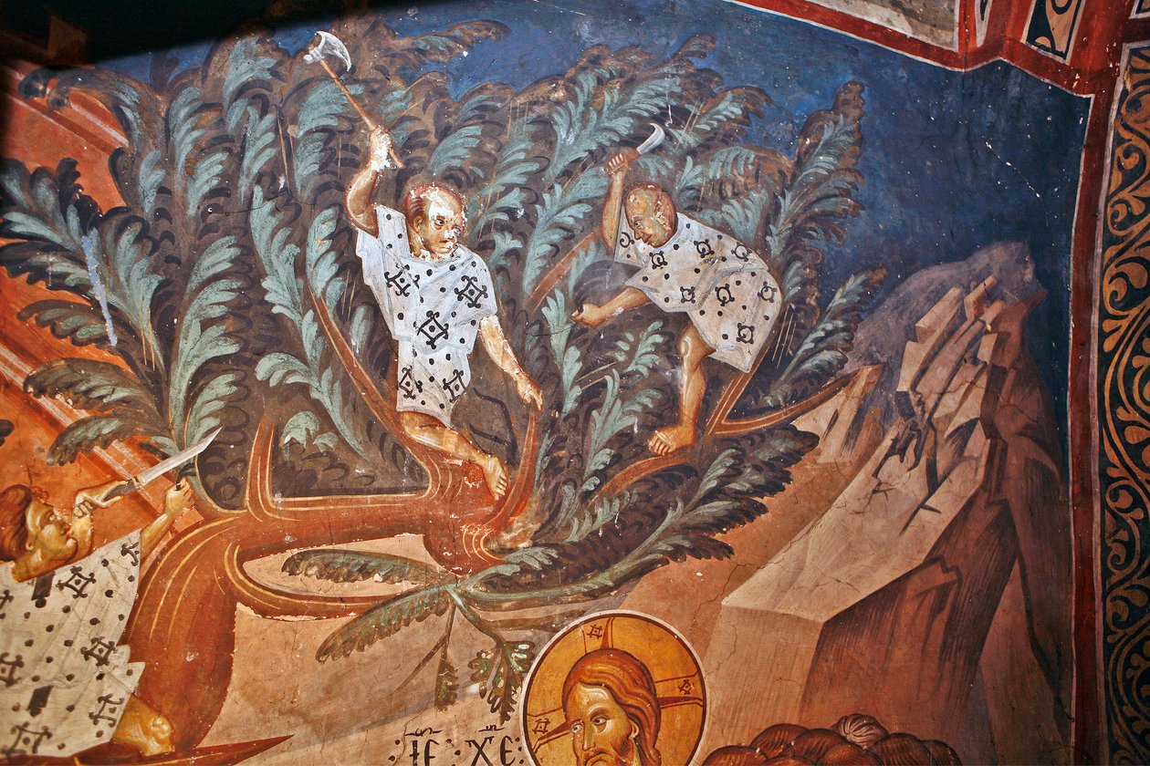 Der Einzug Christi in Jerusalem. Detail: Kinder schneiden Palmzweige - Malerei von Damiane (aktiv im 14. Jahrhundert) - 14. Jahrhundert - Fresko - St. Georgs Kloster, Ubisi von Byzantine