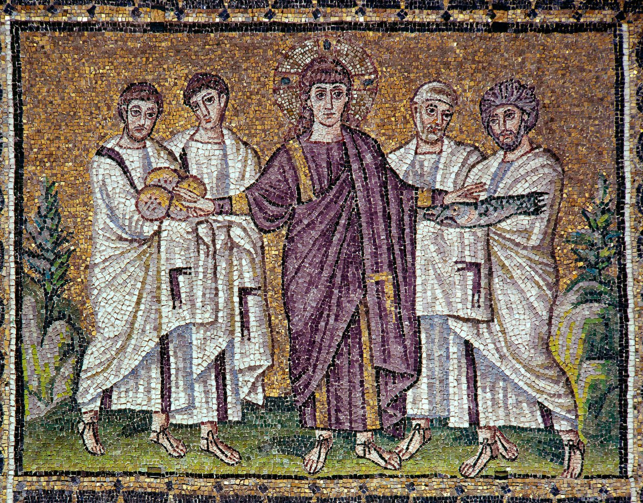 Byzantinische Kunst: „Die Brot- und Fischvermehrung“ Mosaik des 6. Jahrhunderts. Basilika von Sant