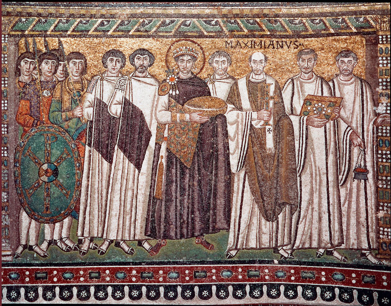 Kaiser Justinian I und sein Gefolge von Beamten, Wachen und Klerikern, um 547 n. Chr. (Mosaik) von Byzantine School