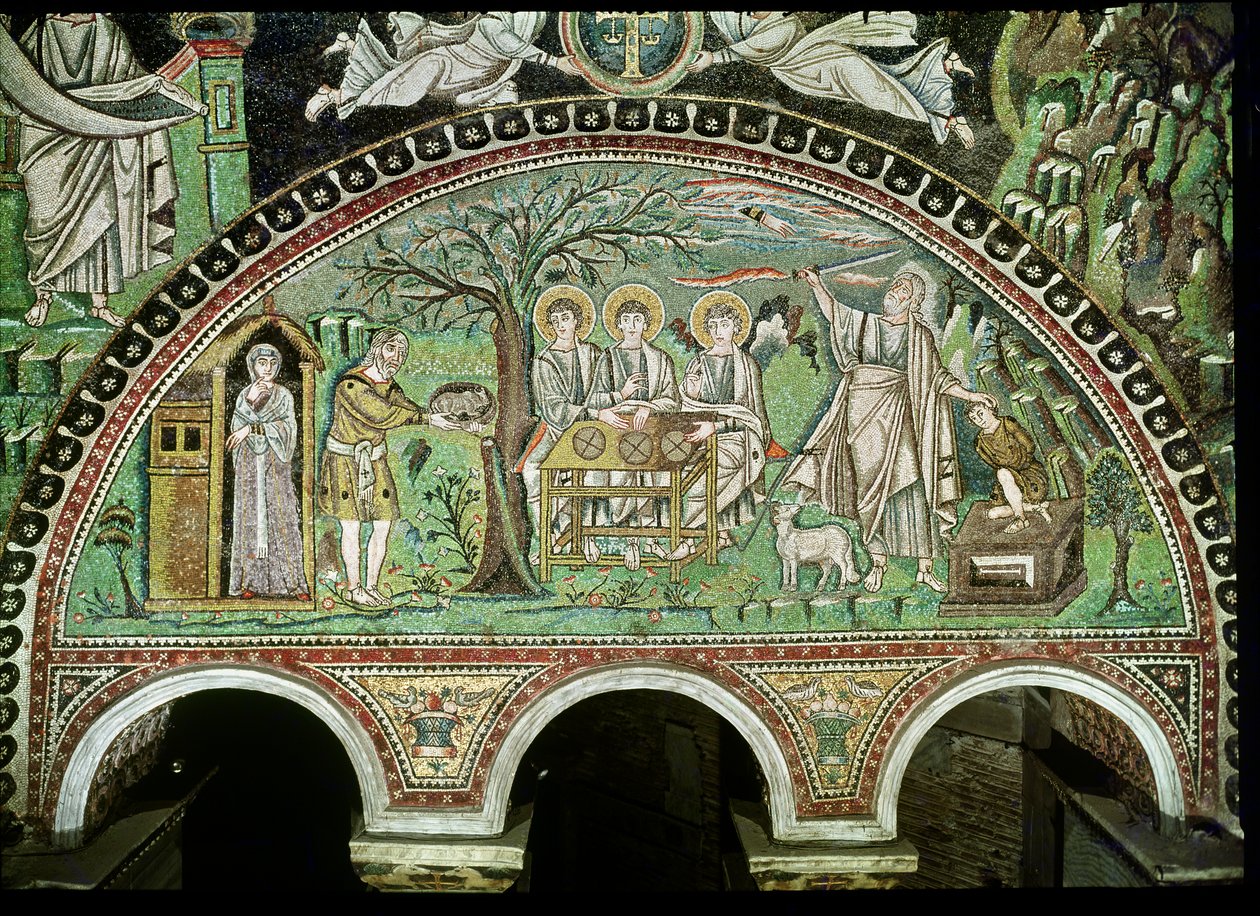 Die Gastfreundschaft Abrahams und das Opfer Isaaks, 6. Jahrhundert von Byzantine School