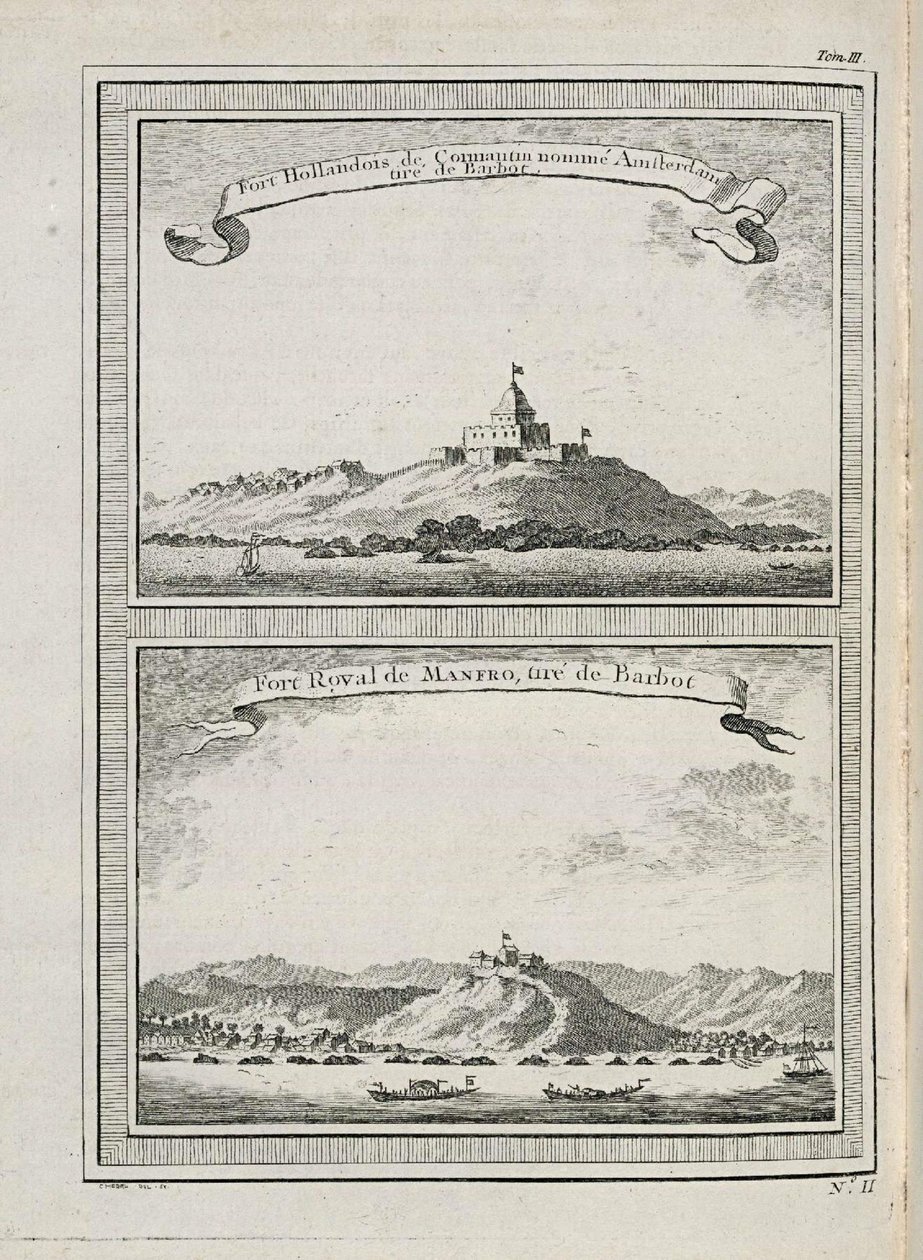 Ansicht der Forts von Amsterdam auf Cormantin und des Forts Groot Frederiksborg in Princes Town von C. Hedel